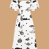 Midnight Tide Puff Sleeve Dress