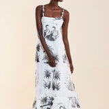 Black&White Garden %100 Linen Long Dress