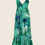 Green Garden V Neck Long Dress