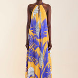 Tropical Peacock Halter Neck Long Dress