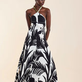 Black&White Halter Neck Long Dress