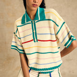 Striped Polo Neck Knit Top