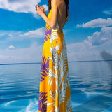 Tropical Peacock Halter Neck Long Dress